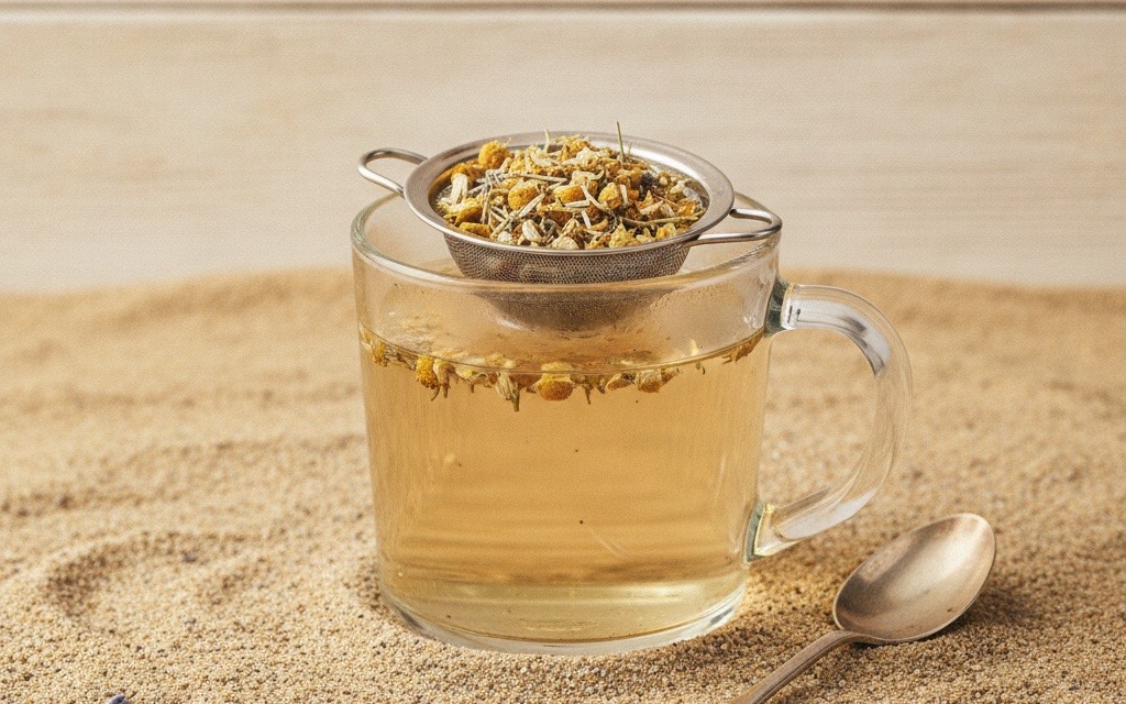 Tazza di tisana chiara accanto a un filtro con erbe secche sfuse e a un cucchiaio di metallo