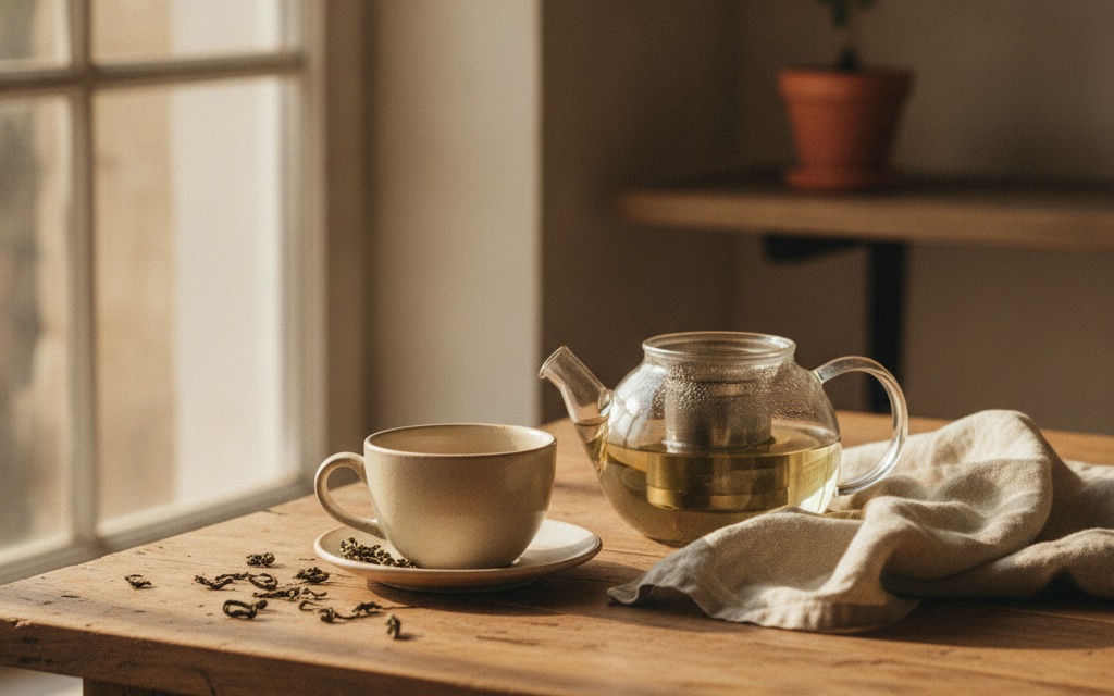 Tazza di tè verde e foglie secche su un piano di legno chiaro