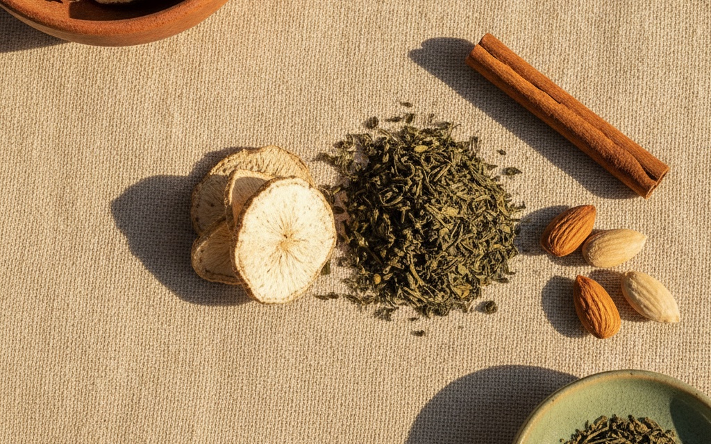 Ciotoline con semi, polveri vegetali e fibre su un piano chiaro