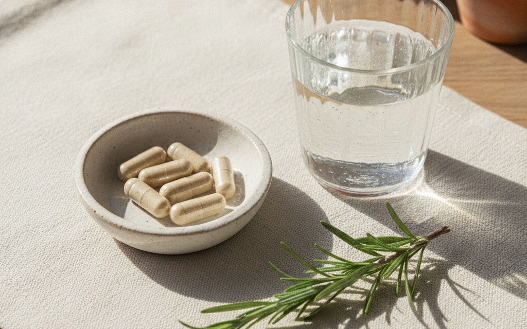 Capsule chiare in una ciotolina di ceramica accanto a un bicchiere d'acqua e a un rametto di rosmarino