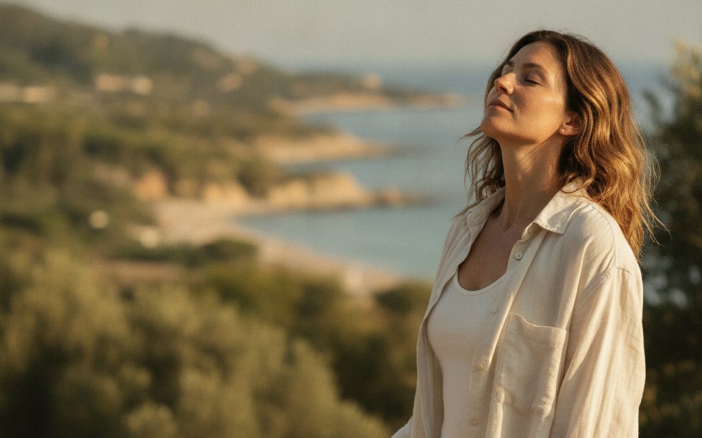 Una donna guarda il mare da una collina della costa italiana, luce calda di fine giornata